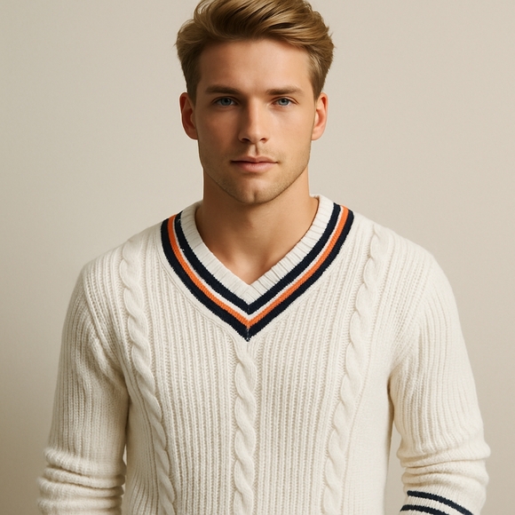 Club Room Other - Club Room Men’s L White Cricket Sweater Cable Knit V-Neck Preppy Varsity
